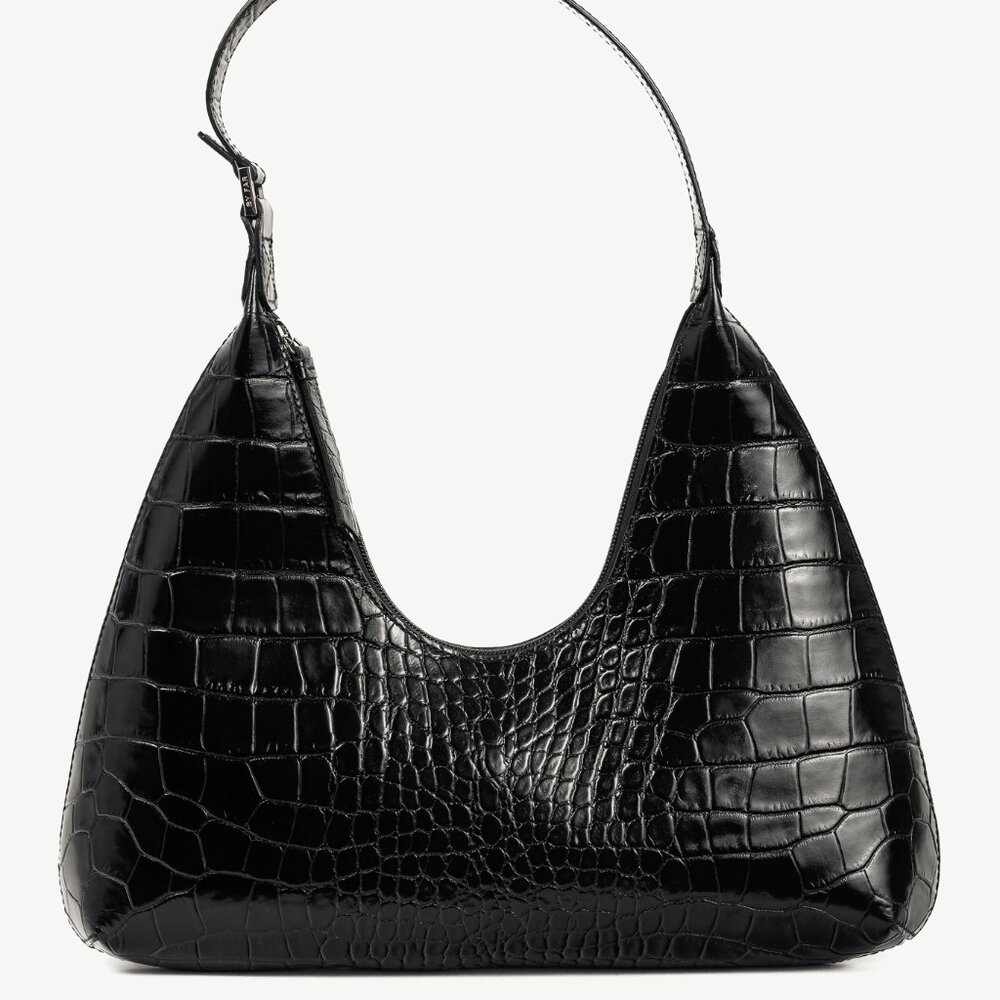 BY FAR Amber Baby Black Crocodile-Embossed Leather Shoulder Bag